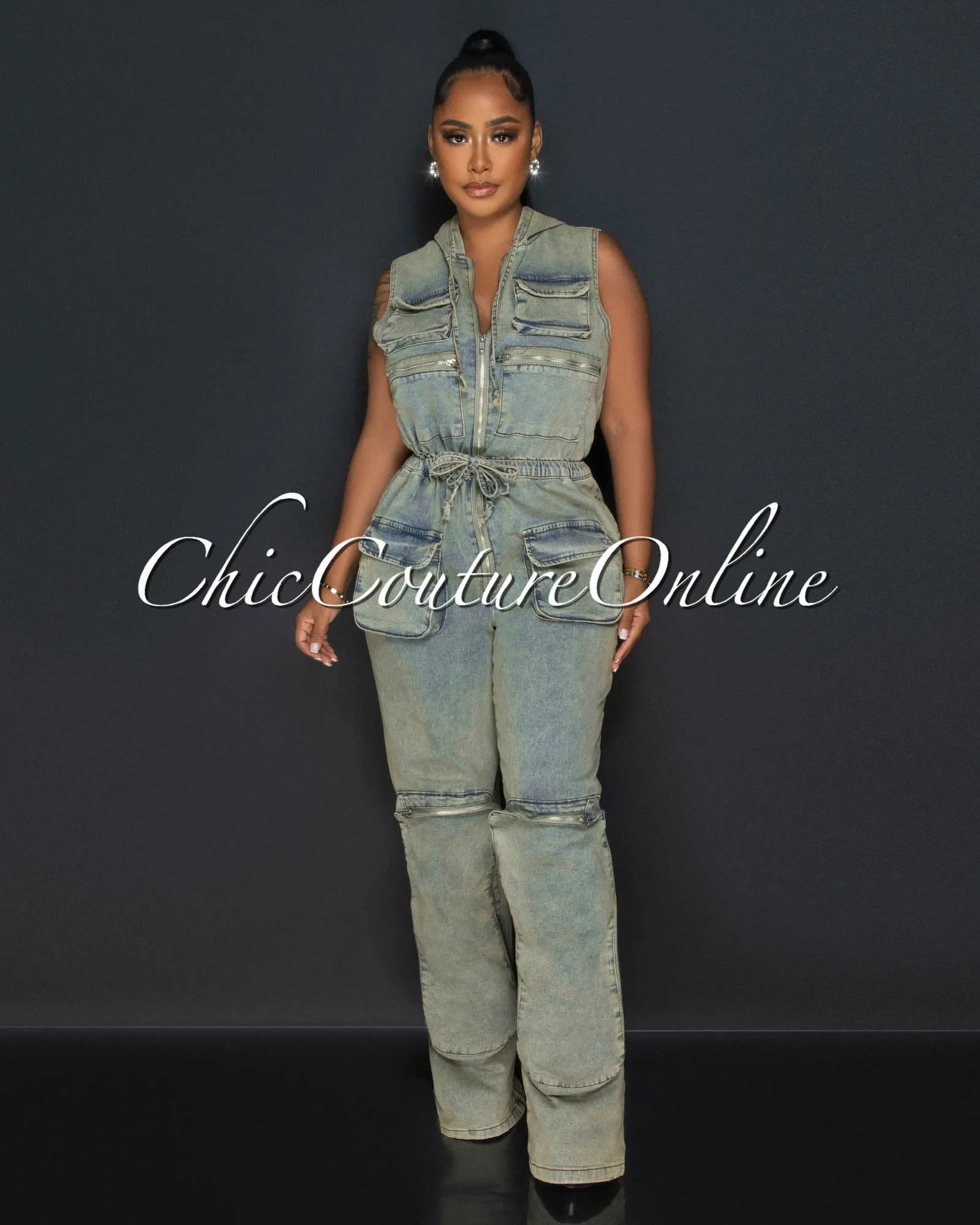 June Denim Hoodie Wide Legs Cargo Jumpsuit sold by Chic Couture