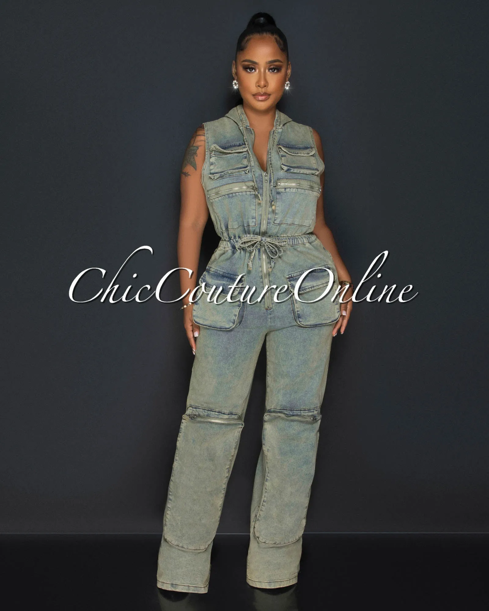 June Denim Hoodie Wide Legs Cargo Jumpsuit sold by Chic Couture product image thumbnail 3