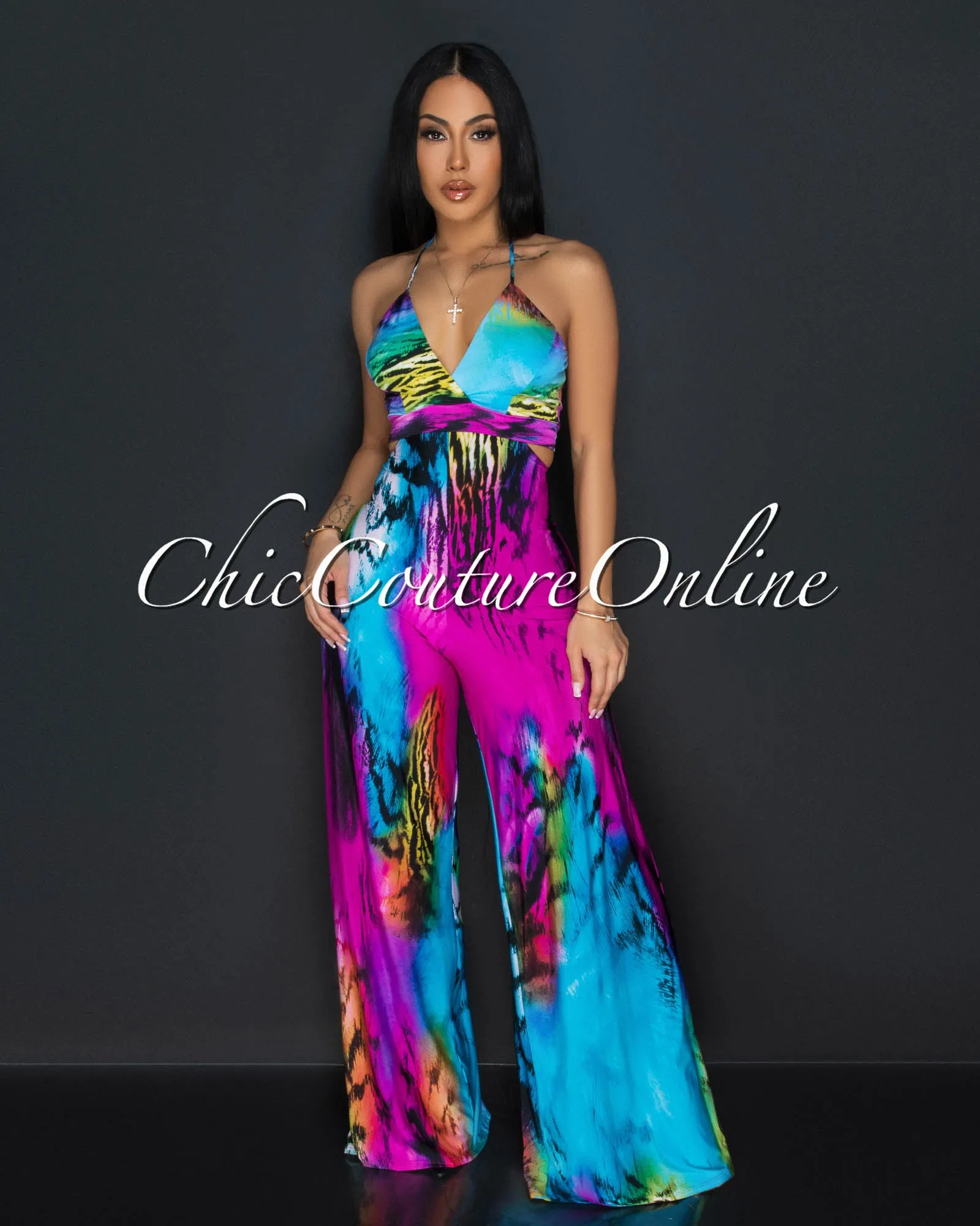 Hadya Fuchsia Turquoise Print Halter Cut-Out Jumpsuit sold by Chic Couture product image thumbnail 2
