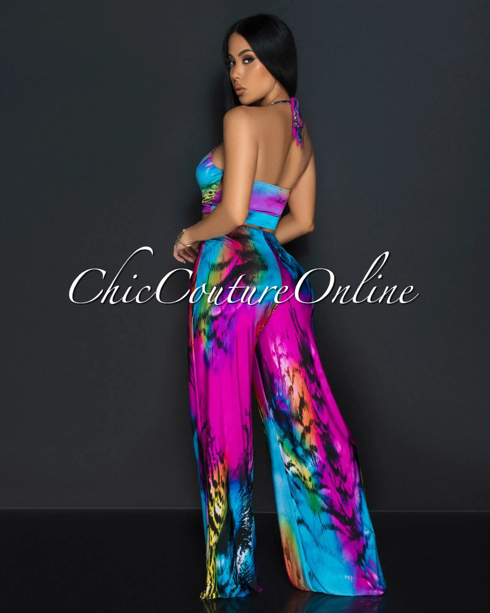 Hadya Fuchsia Turquoise Print Halter Cut-Out Jumpsuit sold by Chic Couture product image thumbnail 4