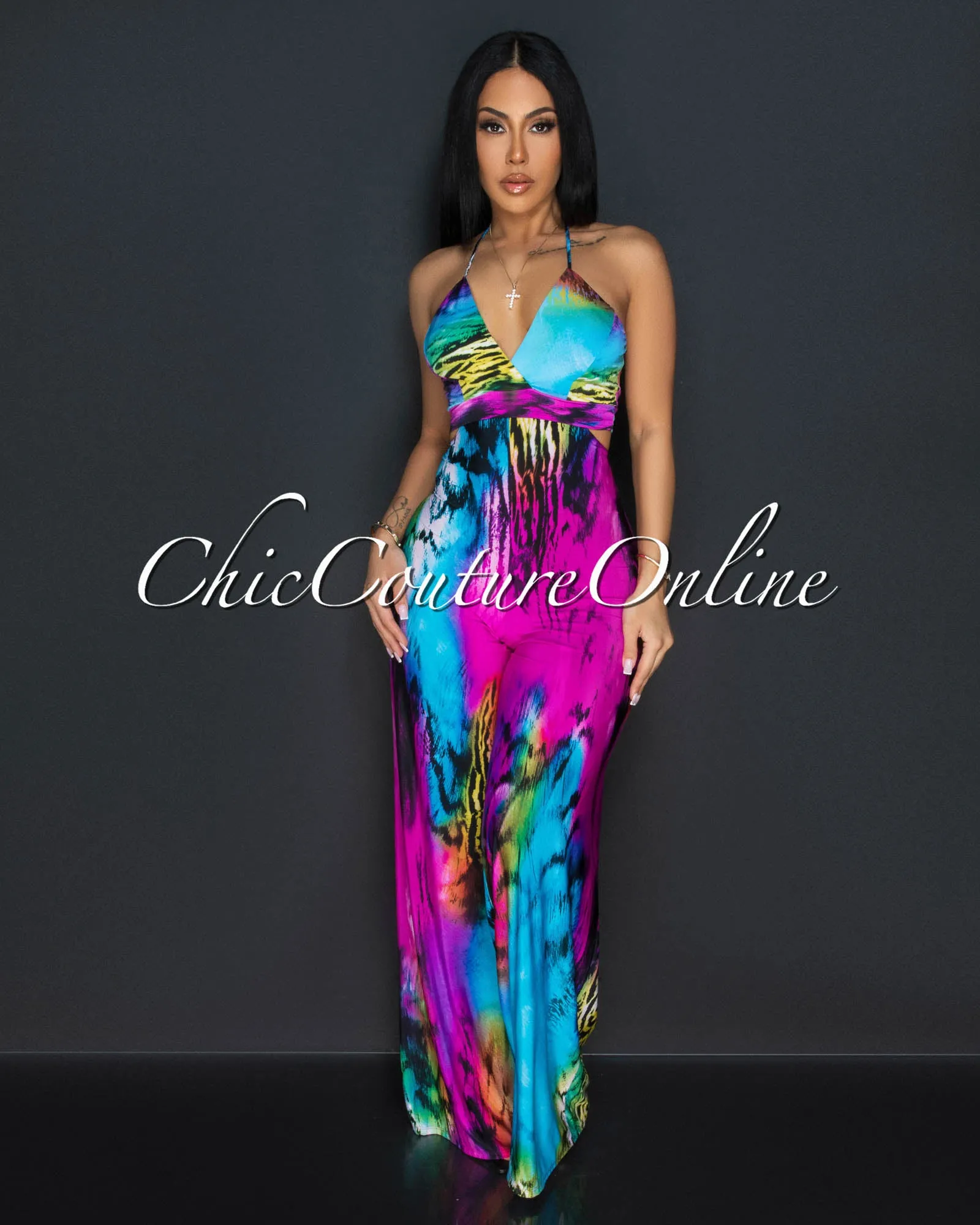 Hadya Fuchsia Turquoise Print Halter Cut-Out Jumpsuit sold by Chic Couture product image thumbnail 3