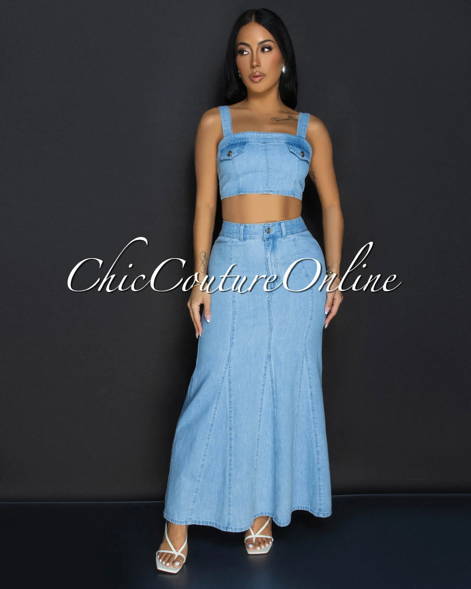 *Zeya Light Denim Crop Top & Maxi Skirt Set sold by Chic Couture product image thumbnail 2