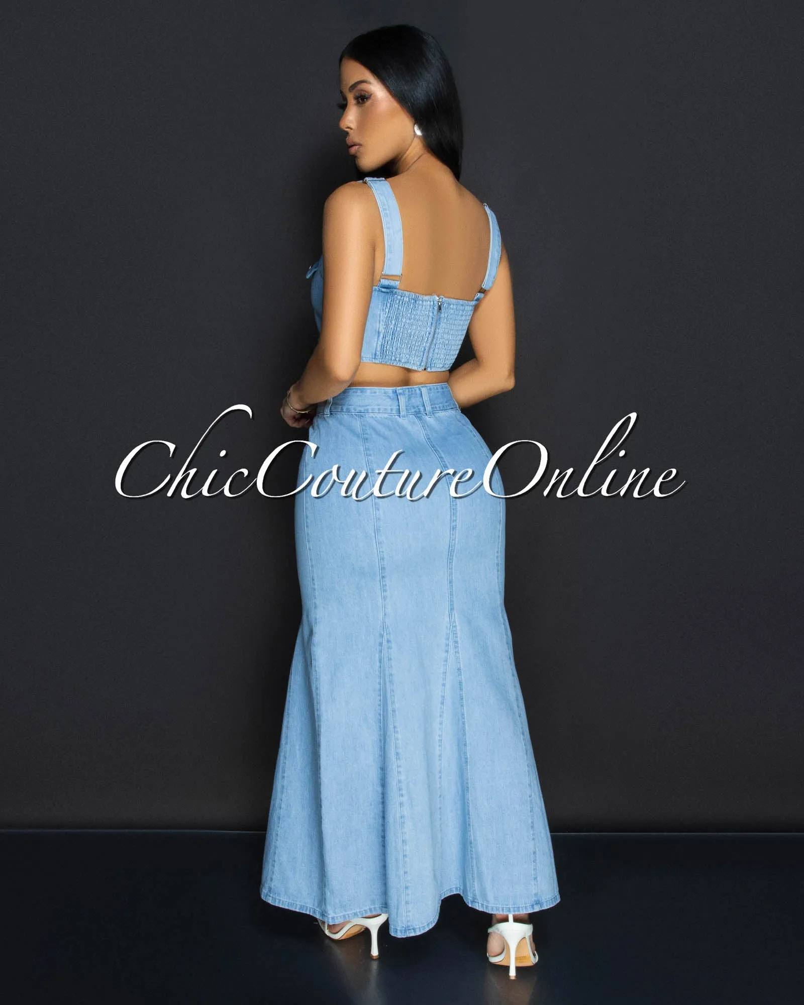 *Zeya Light Denim Crop Top & Maxi Skirt Set sold by Chic Couture product image thumbnail 3
