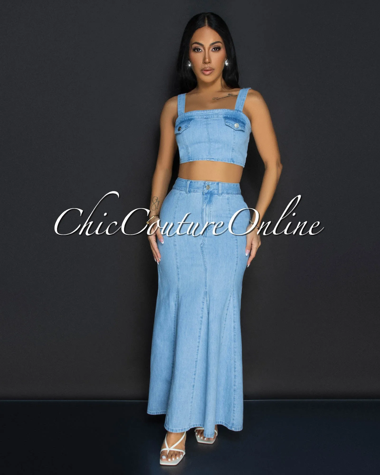 *Zeya Light Denim Crop Top & Maxi Skirt Set sold by Chic Couture