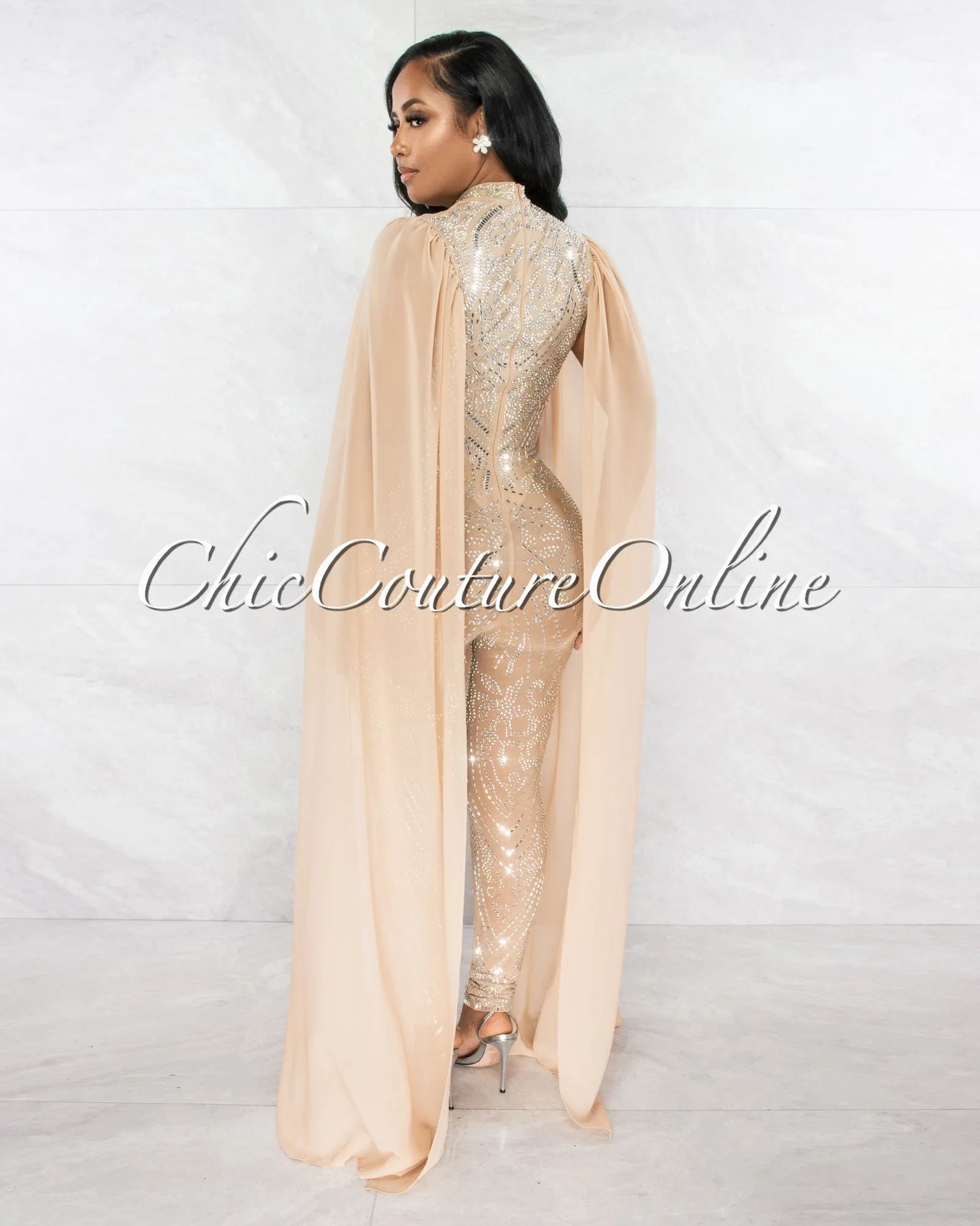 *Princess Nude Rhinestones Mesh Shift Long Sleeves Jumpsuit sold by Chic Couture product image thumbnail 3