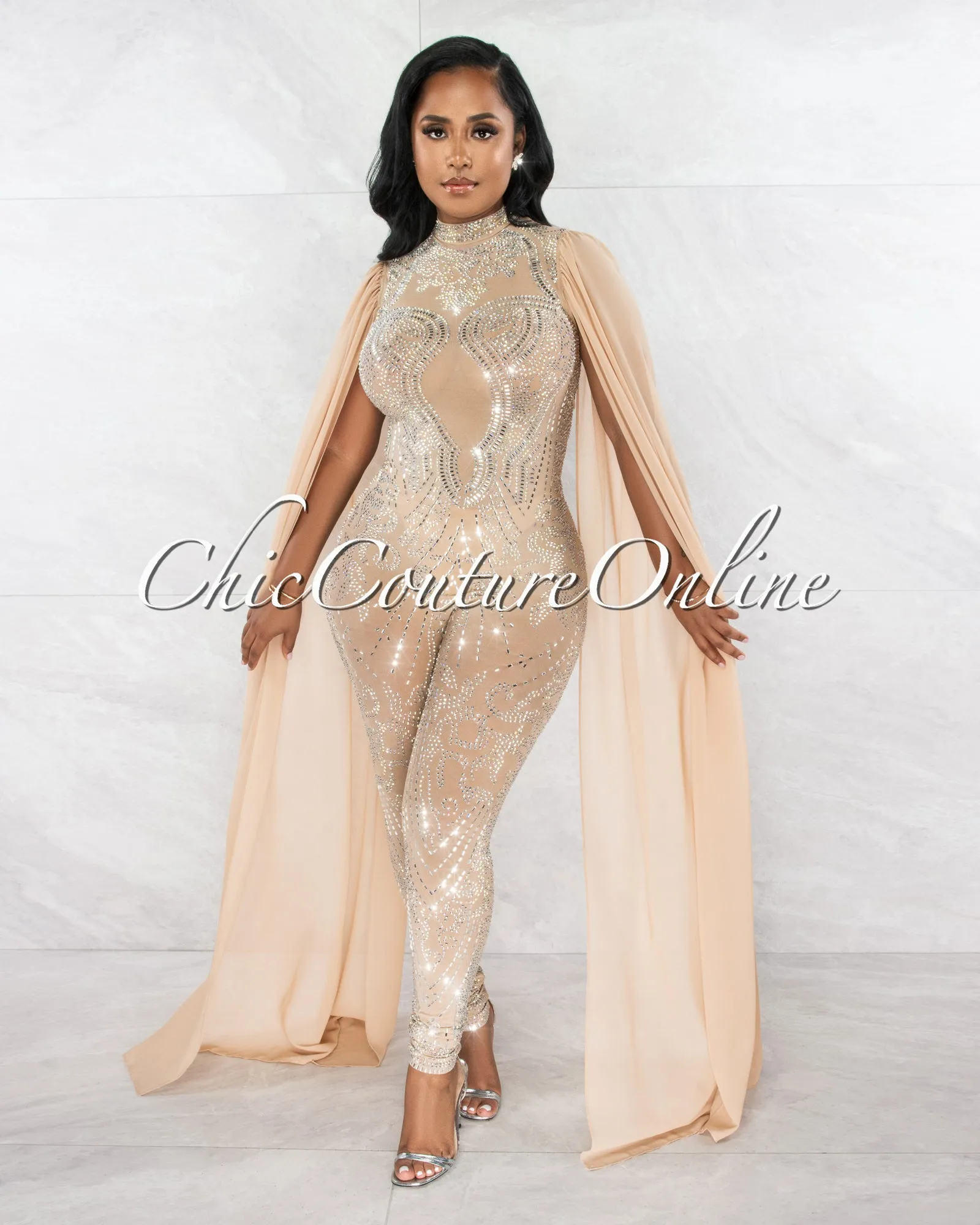 *Princess Nude Rhinestones Mesh Shift Long Sleeves Jumpsuit sold by Chic Couture product image thumbnail 2