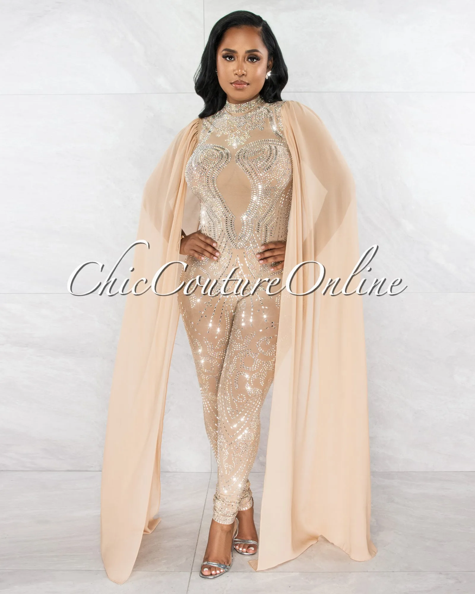 *Princess Nude Rhinestones Mesh Shift Long Sleeves Jumpsuit sold by Chic Couture