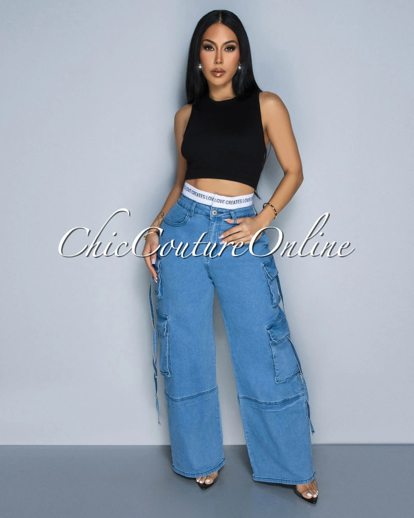 Una Light Denim Wide Cargo Jeans sold by Chic Couture product image thumbnail 3