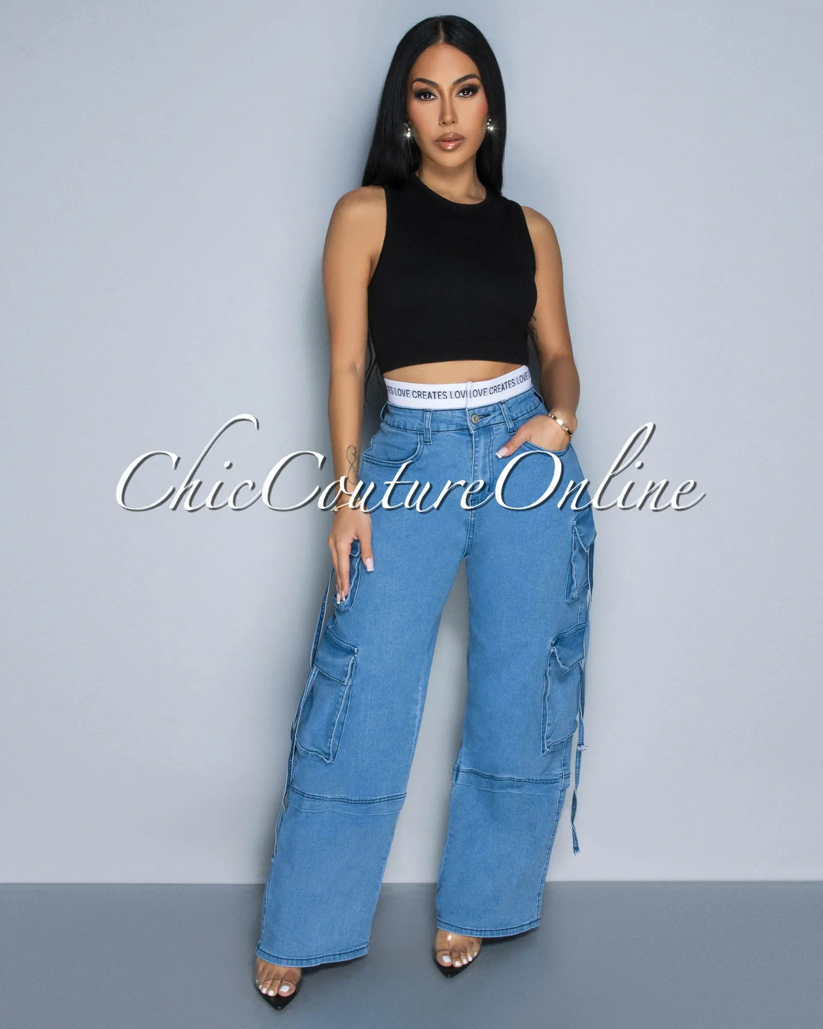 Una Light Denim Wide Cargo Jeans sold by Chic Couture