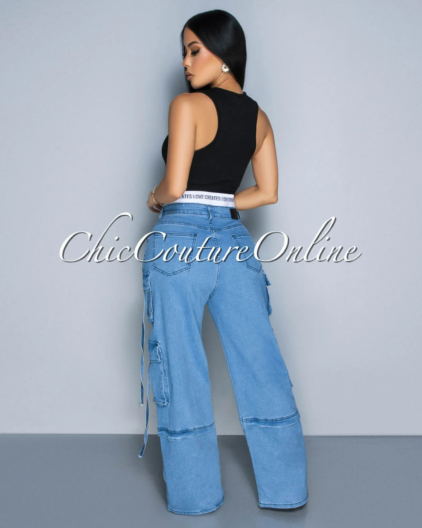 Una Light Denim Wide Cargo Jeans sold by Chic Couture product image thumbnail 4