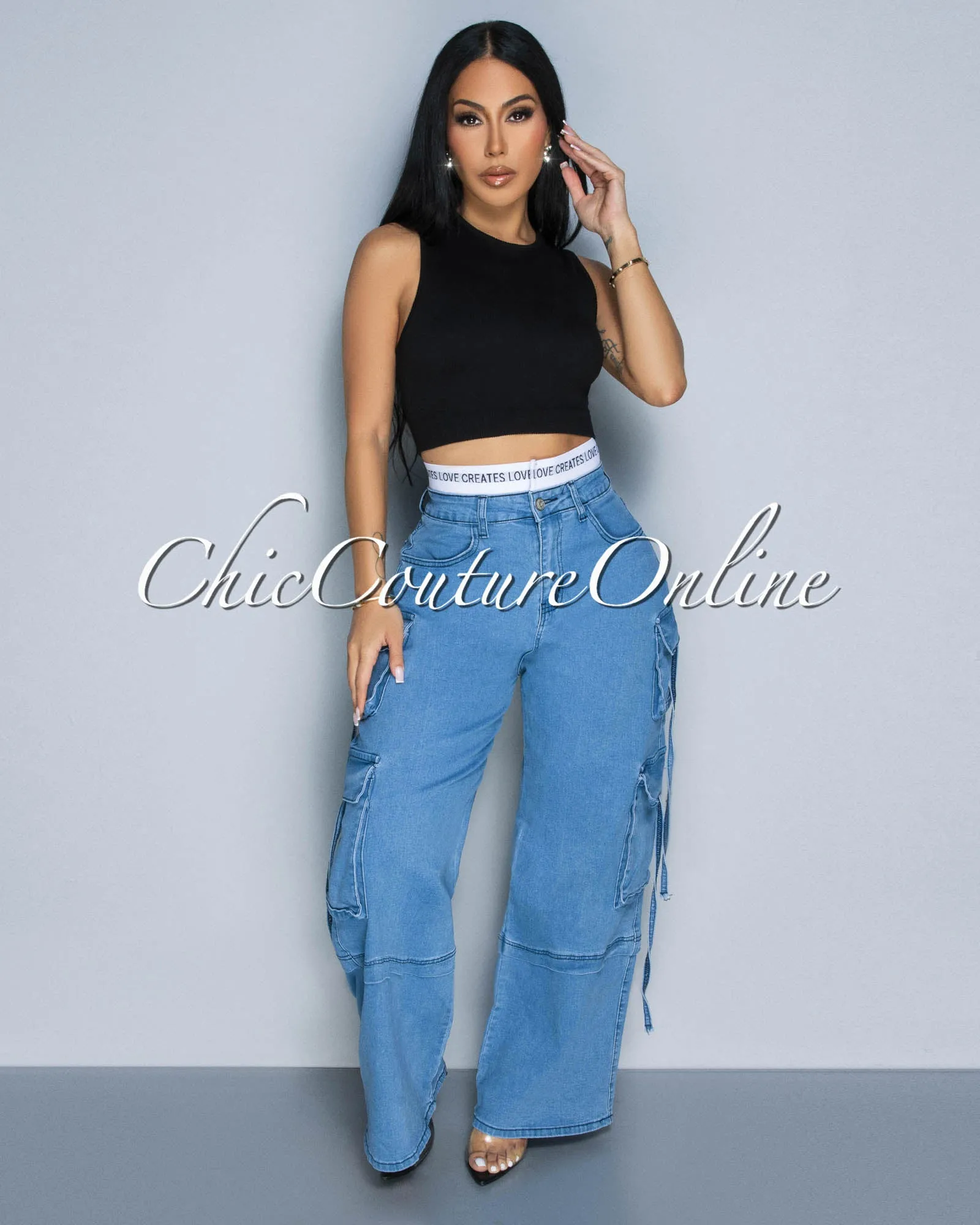Una Light Denim Wide Cargo Jeans sold by Chic Couture product image thumbnail 2
