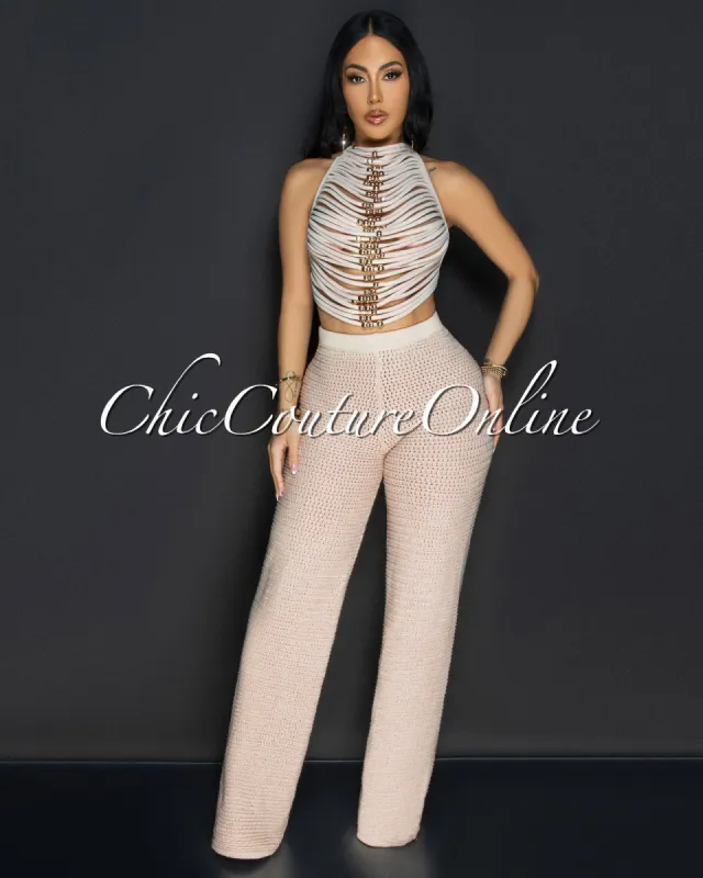 Aimi Nude Strappy Halter & Knit Pants Set sold by Chic Couture