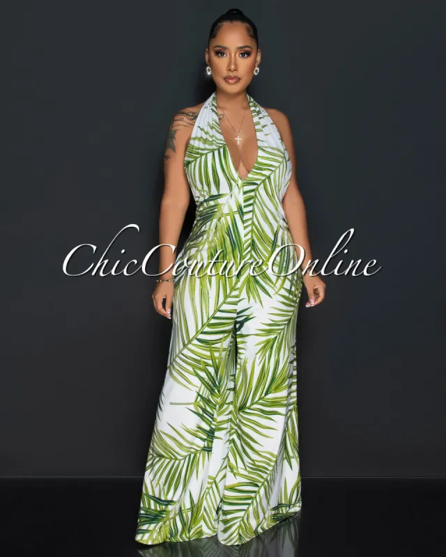 *Holman White Green Palm Print Halter Wide Legs Jumpsuit sold by Chic Couture