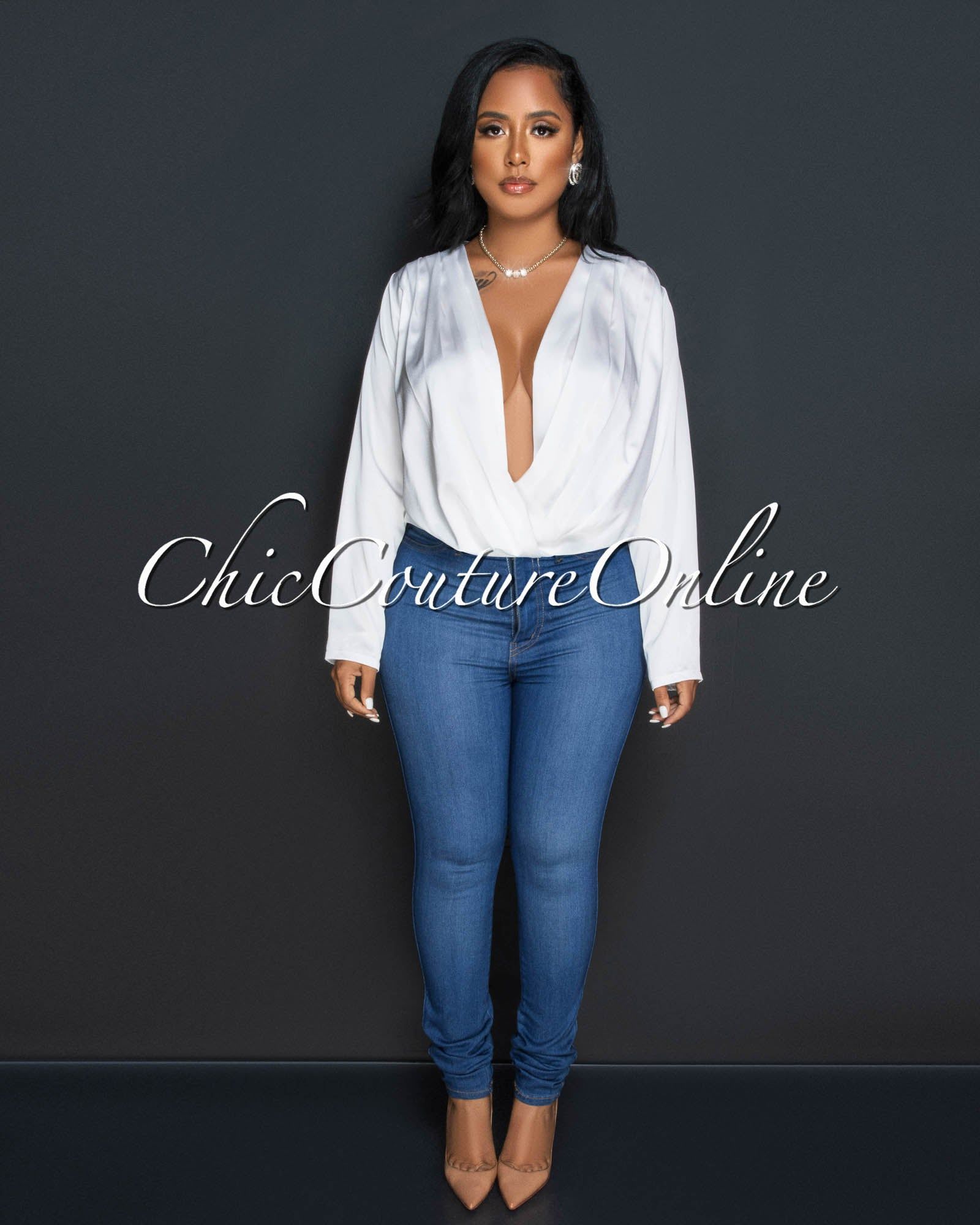 Terria Off-White Long Sleeves Draped Silky Bodysuit sold by Chic Couture product image thumbnail 4