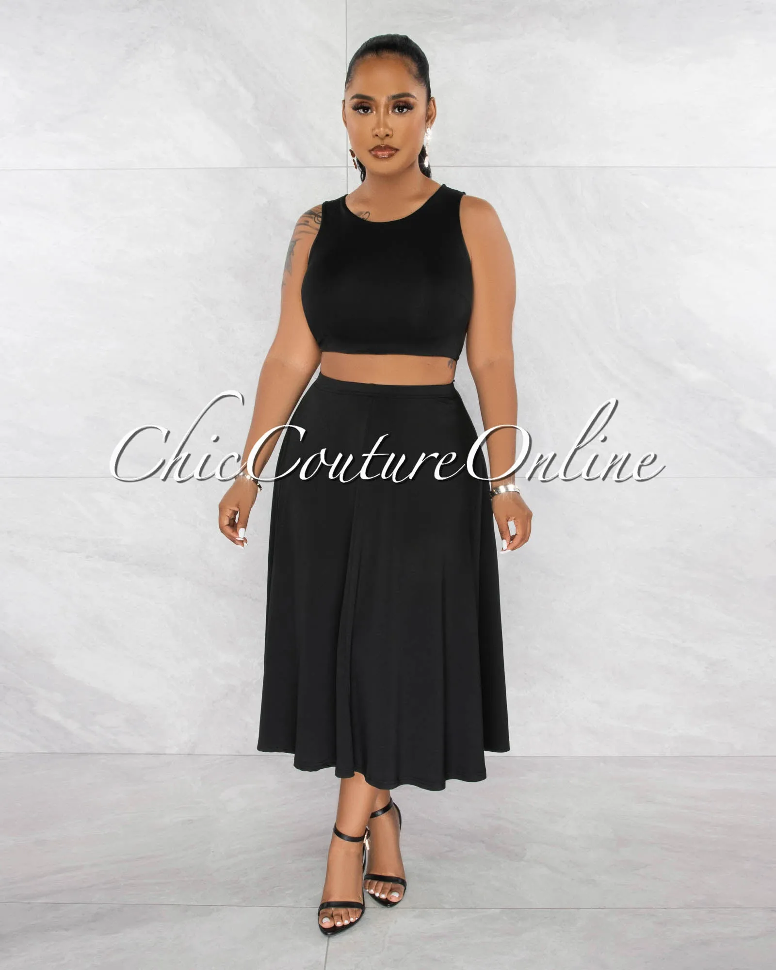*Orelie Black Crop Top & Flutter Midi Skirt Set sold by Chic Couture