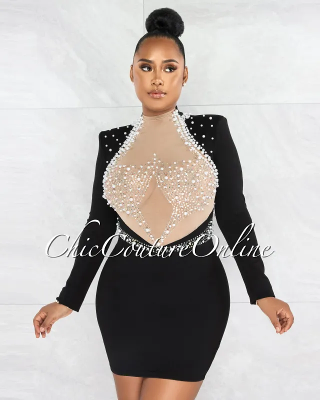 *Yecenia Black Nude Mesh Rhinestones & Pearls Mini Dress sold by Chic Couture