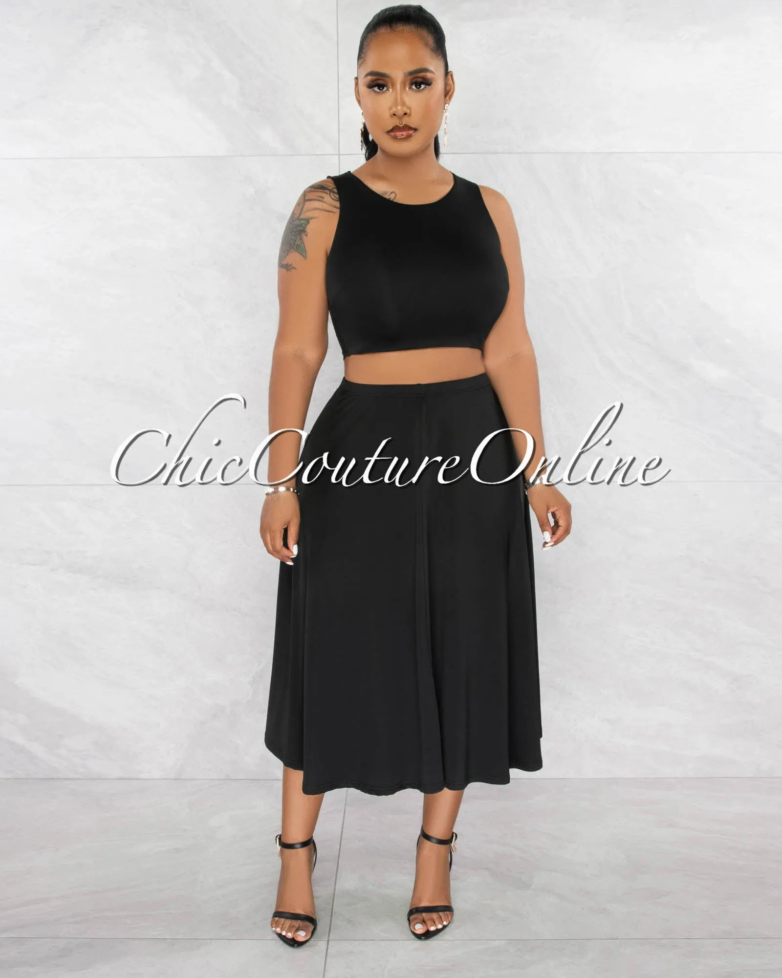 *Orelie Black Crop Top & Flutter Midi Skirt Set sold by Chic Couture product image thumbnail 2