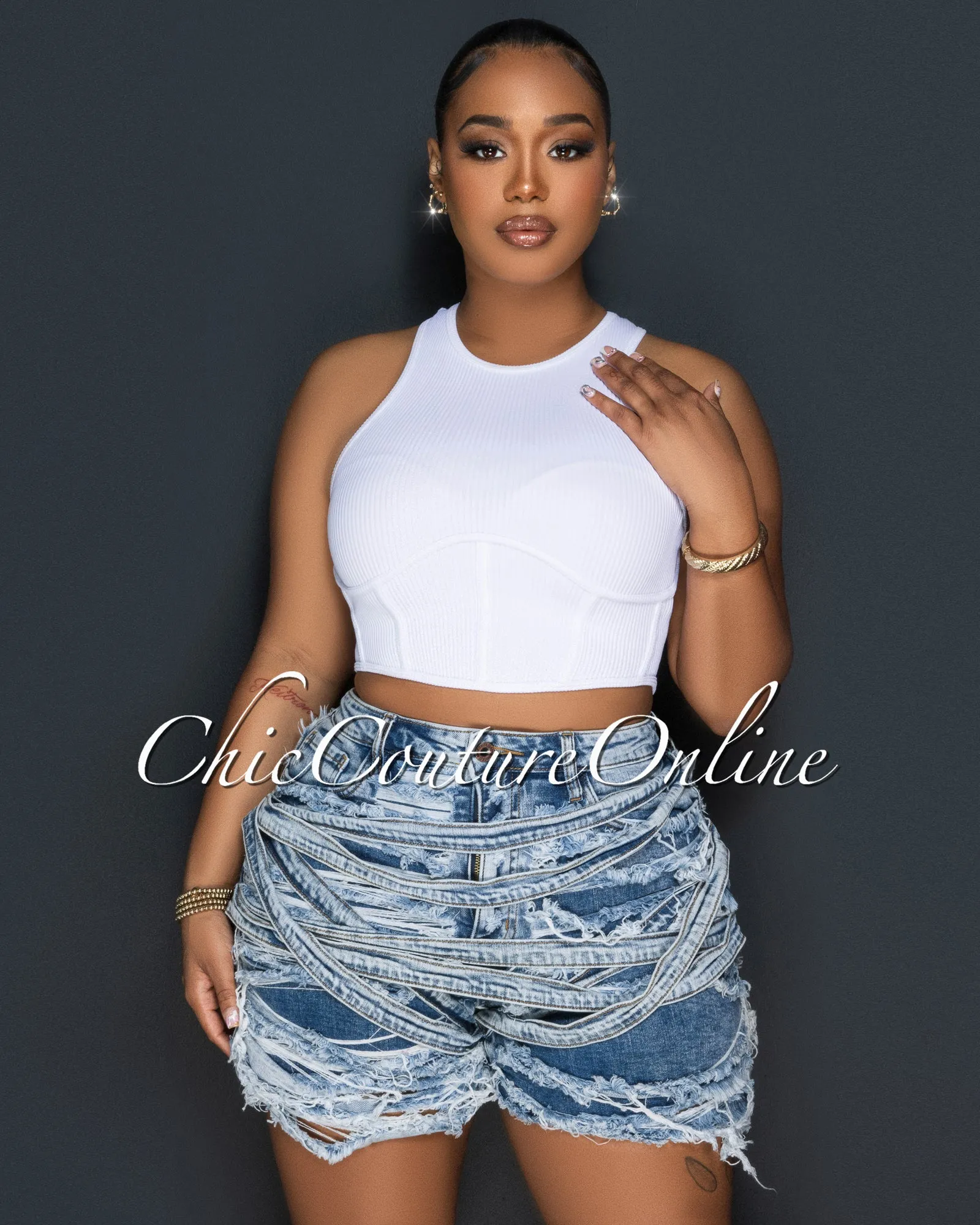 Vinia White Corset Style Ribbed Crop Top sold by Chic Couture product image thumbnail 2