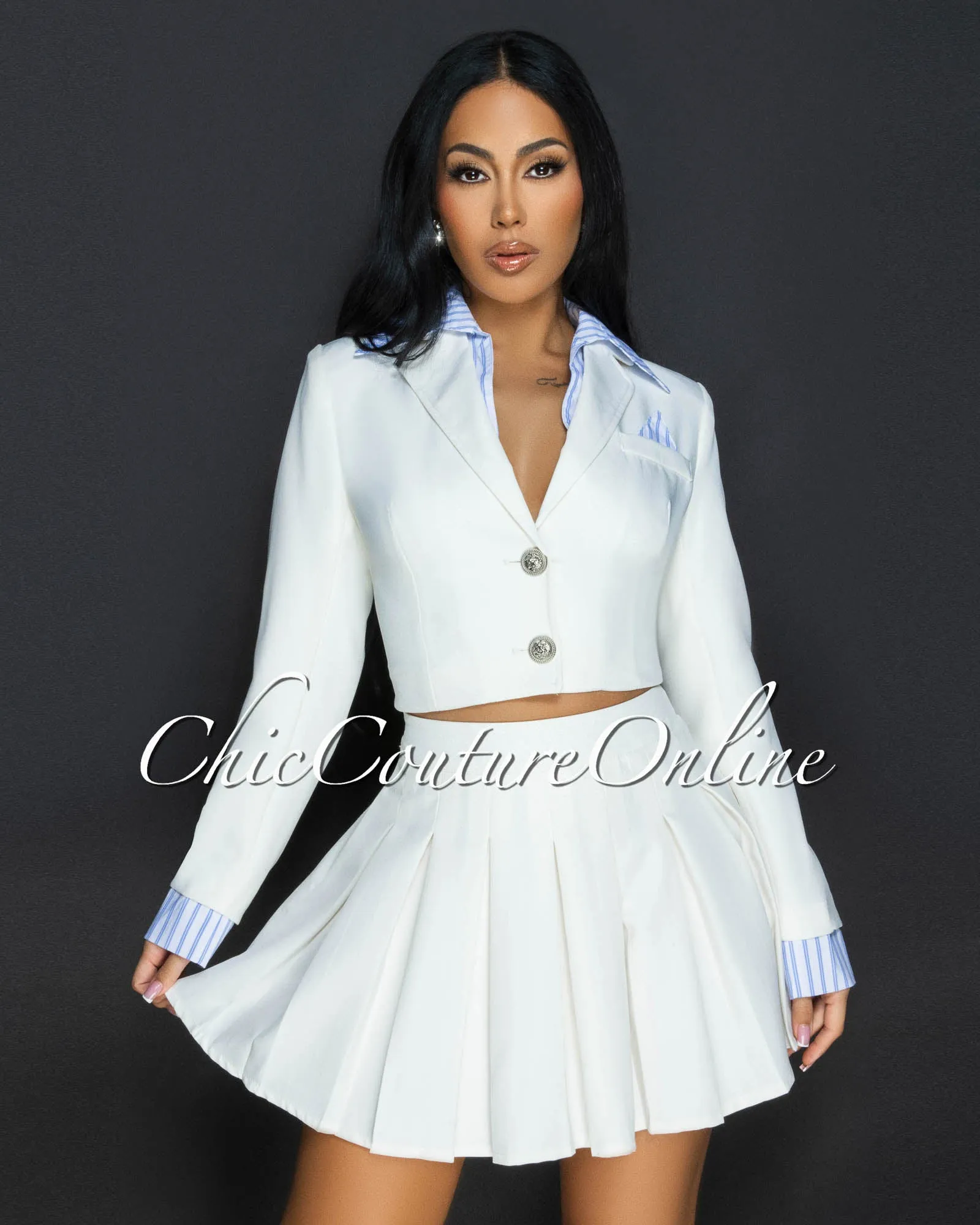 Joda Off White Blue Blazer & Mini Pleated Skirt Set sold by Chic Couture product image thumbnail 3