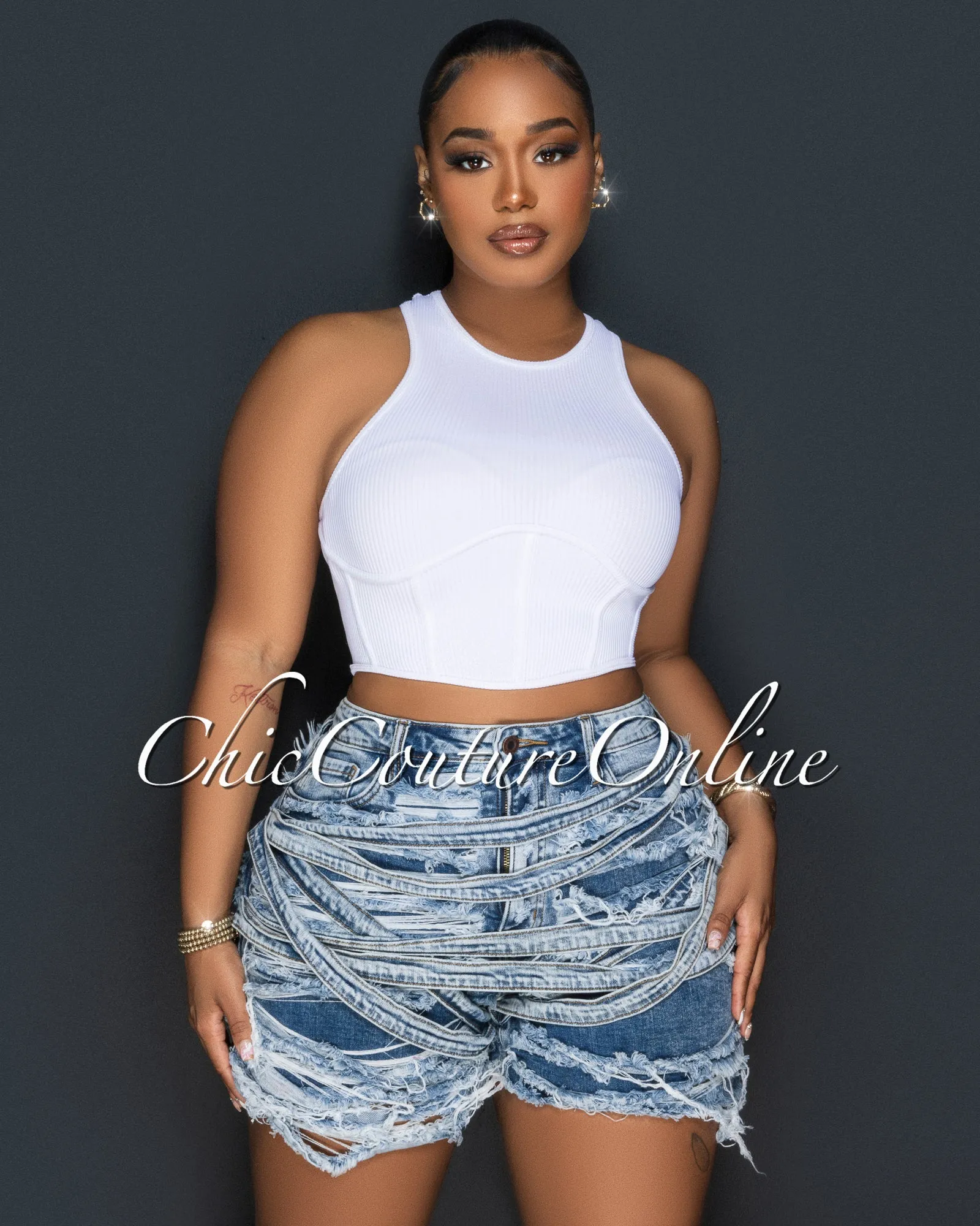 Vinia White Corset Style Ribbed Crop Top sold by Chic Couture