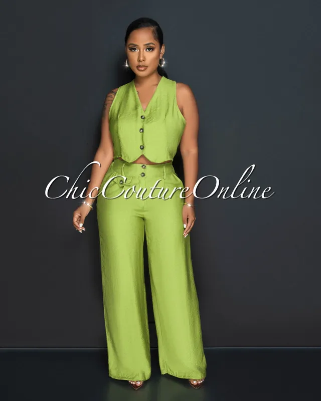 Orene Lime Green Buttons Crop Top & Wide Pants Set sold by Chic Couture