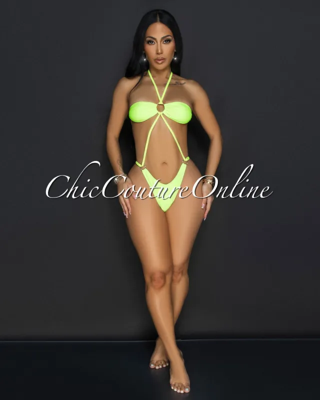 Soukena Lime One Piece Halter Swimsuit sold by Chic Couture