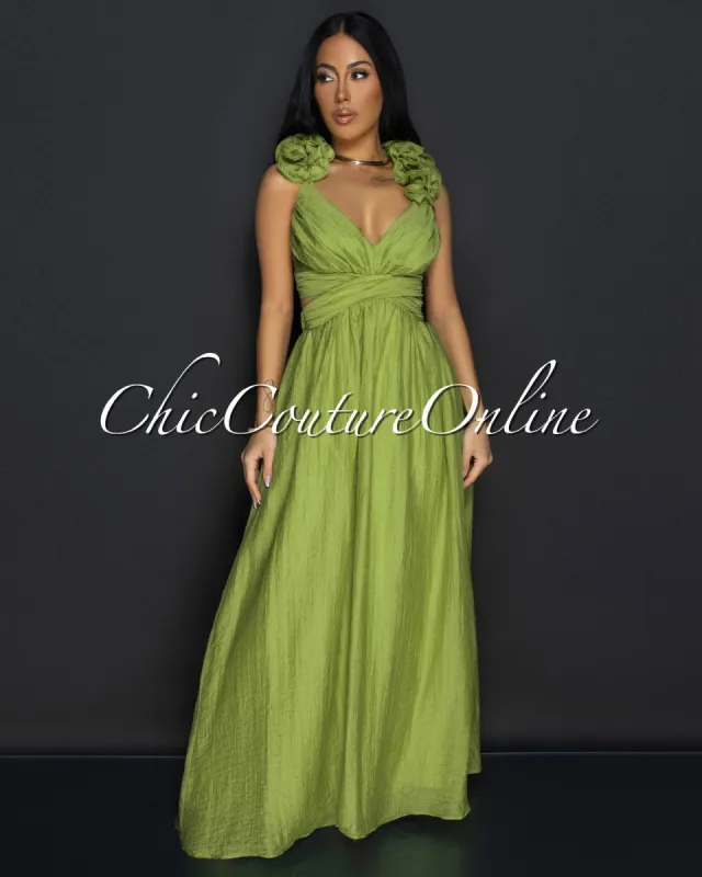 Cianna Olive Green Ruffle Lace-Up Back Maxi Dress sold by Chic Couture