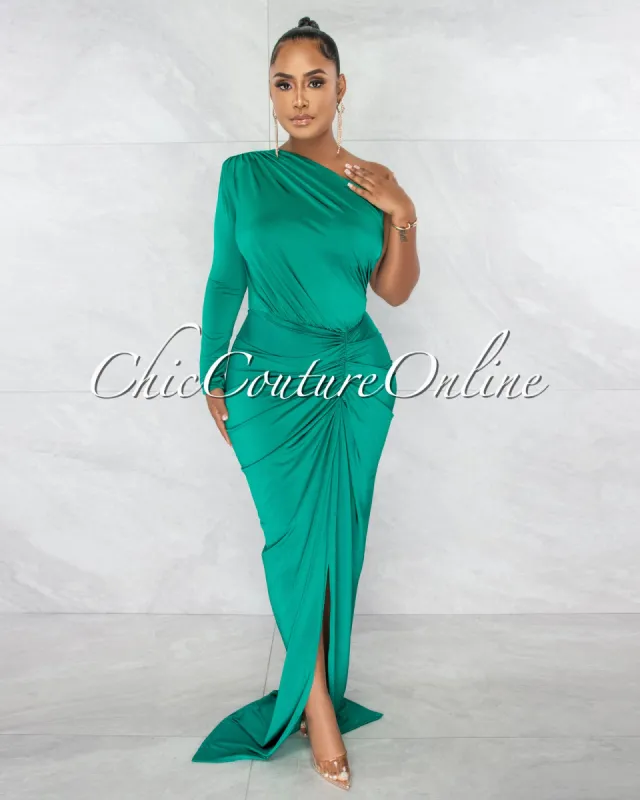 *Kimber Kelly Green Single Shoulder Draped Maxi Dress sold by Chic Couture