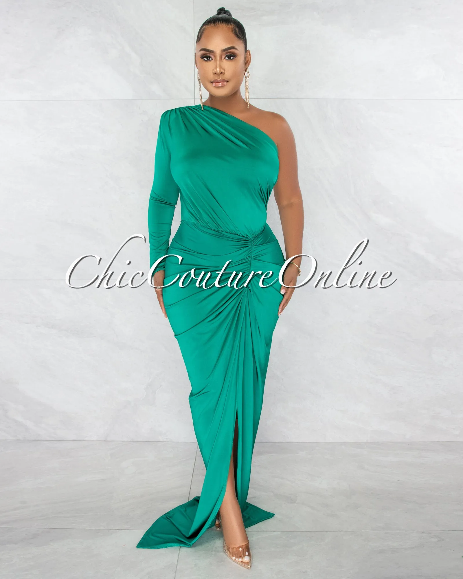 *Kimber Kelly Green Single Shoulder Draped Maxi Dress sold by Chic Couture product image thumbnail 2