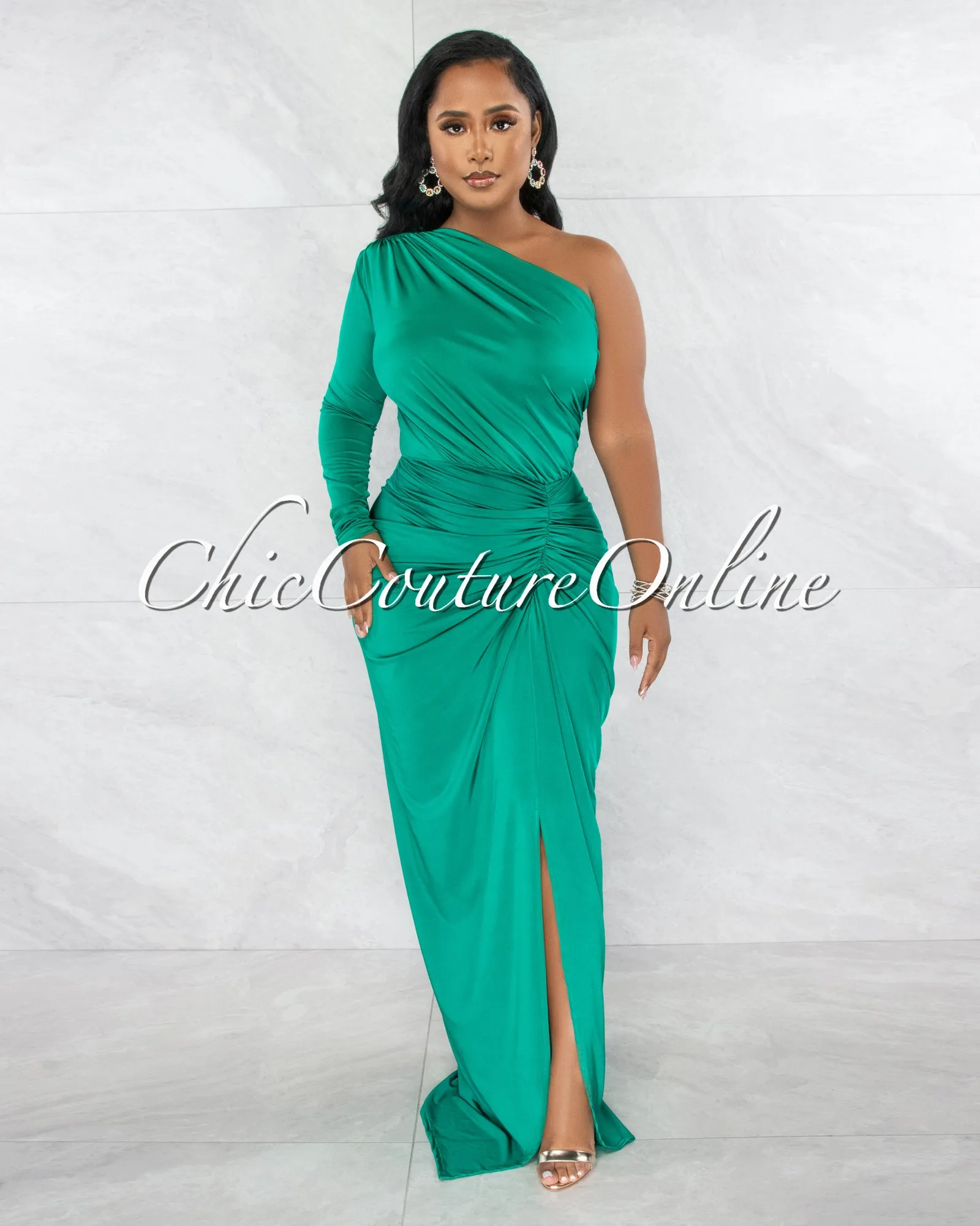 *Kimber Kelly Green Single Shoulder Draped Maxi Dress sold by Chic Couture product image thumbnail 4