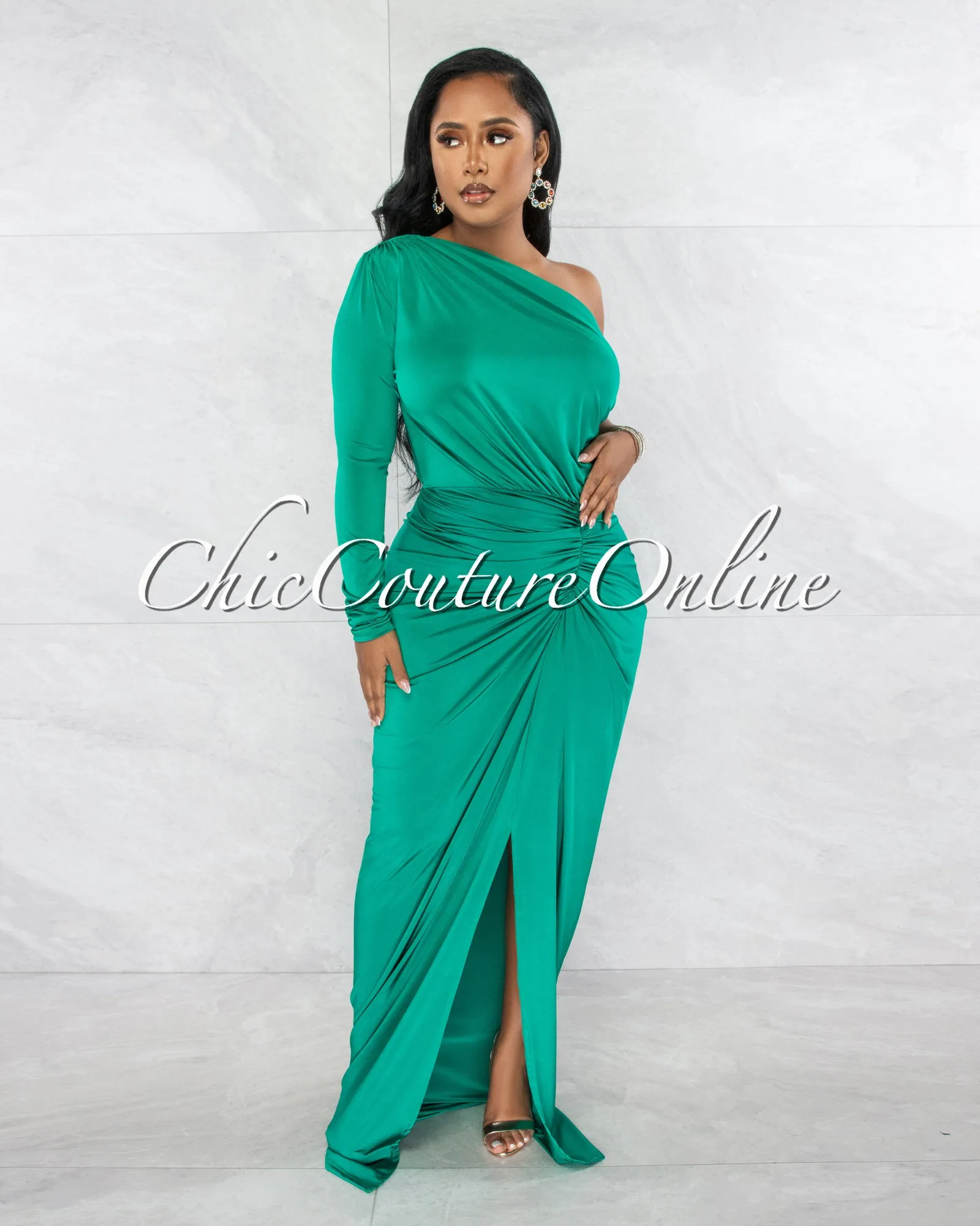 *Kimber Kelly Green Single Shoulder Draped Maxi Dress sold by Chic Couture product image thumbnail 5