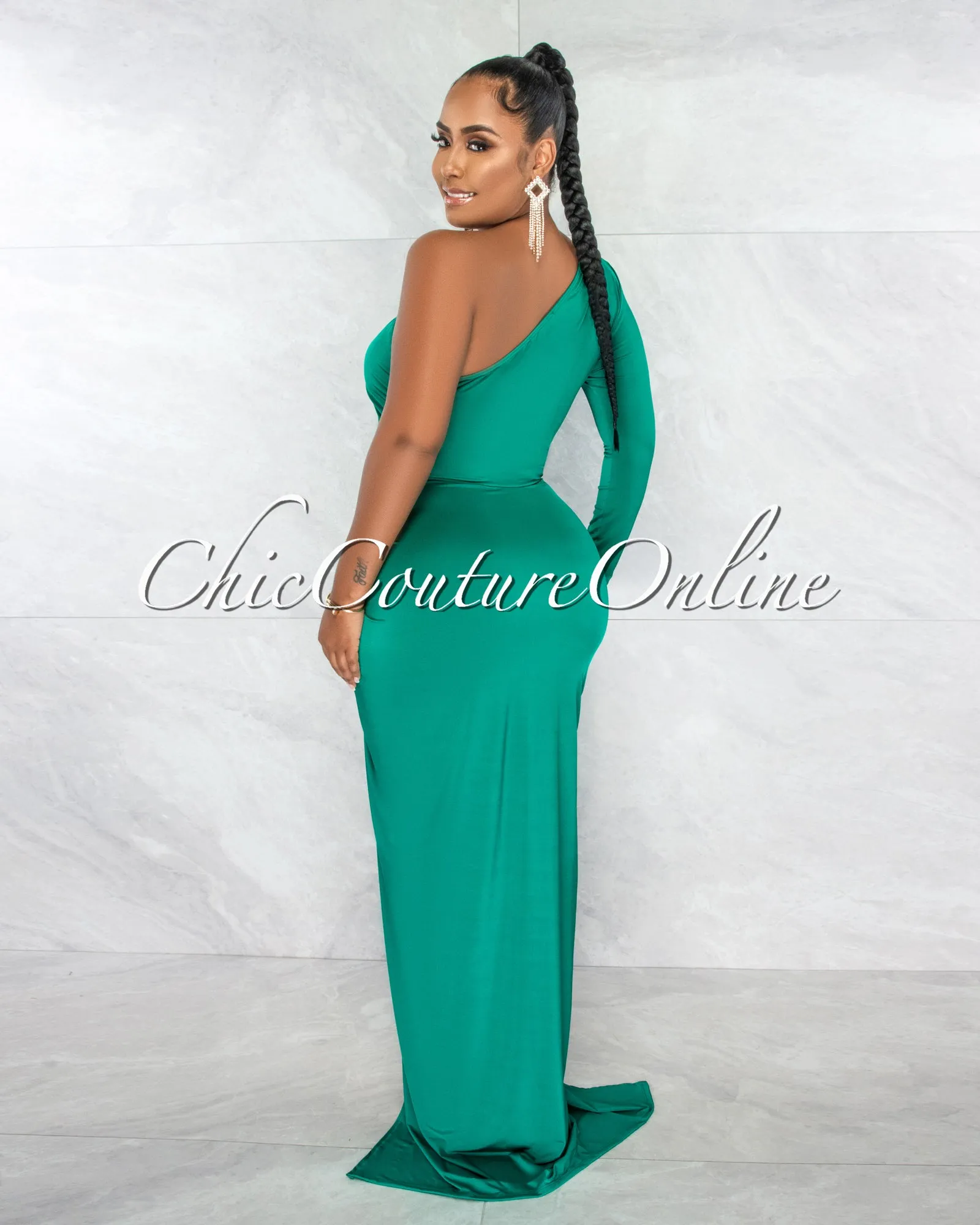 *Kimber Kelly Green Single Shoulder Draped Maxi Dress sold by Chic Couture product image thumbnail 3