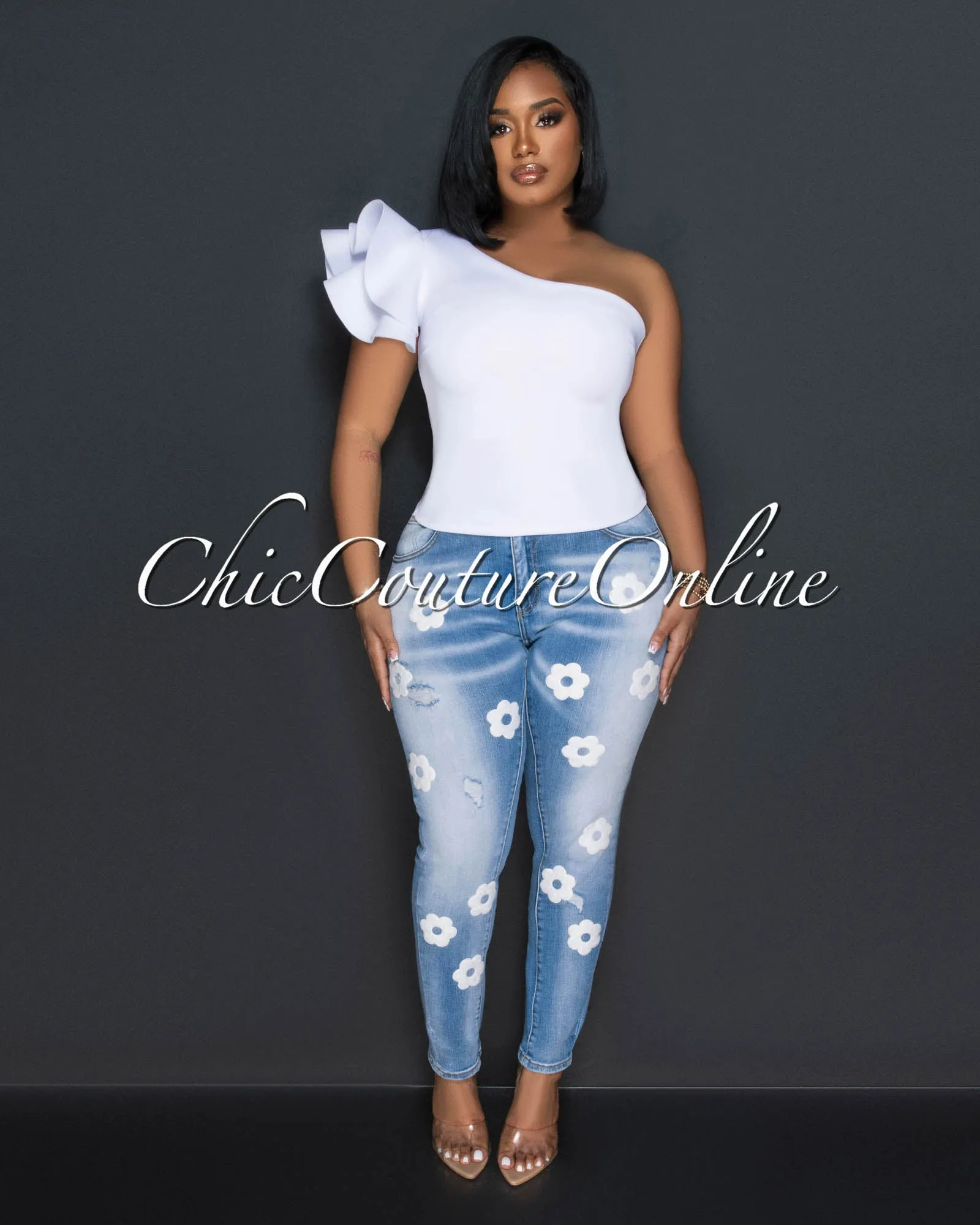 *Jhonnie Light Denim White Flowers Accent Jeans sold by Chic Couture product image thumbnail 2