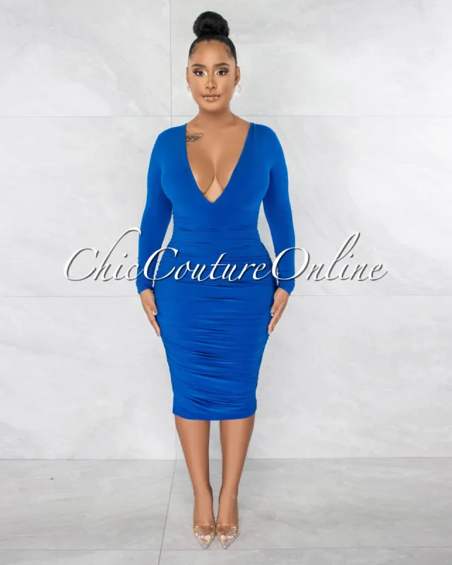 Benigna Royal Blue Deep V-Neck Ruched Midi Dress sold by chic