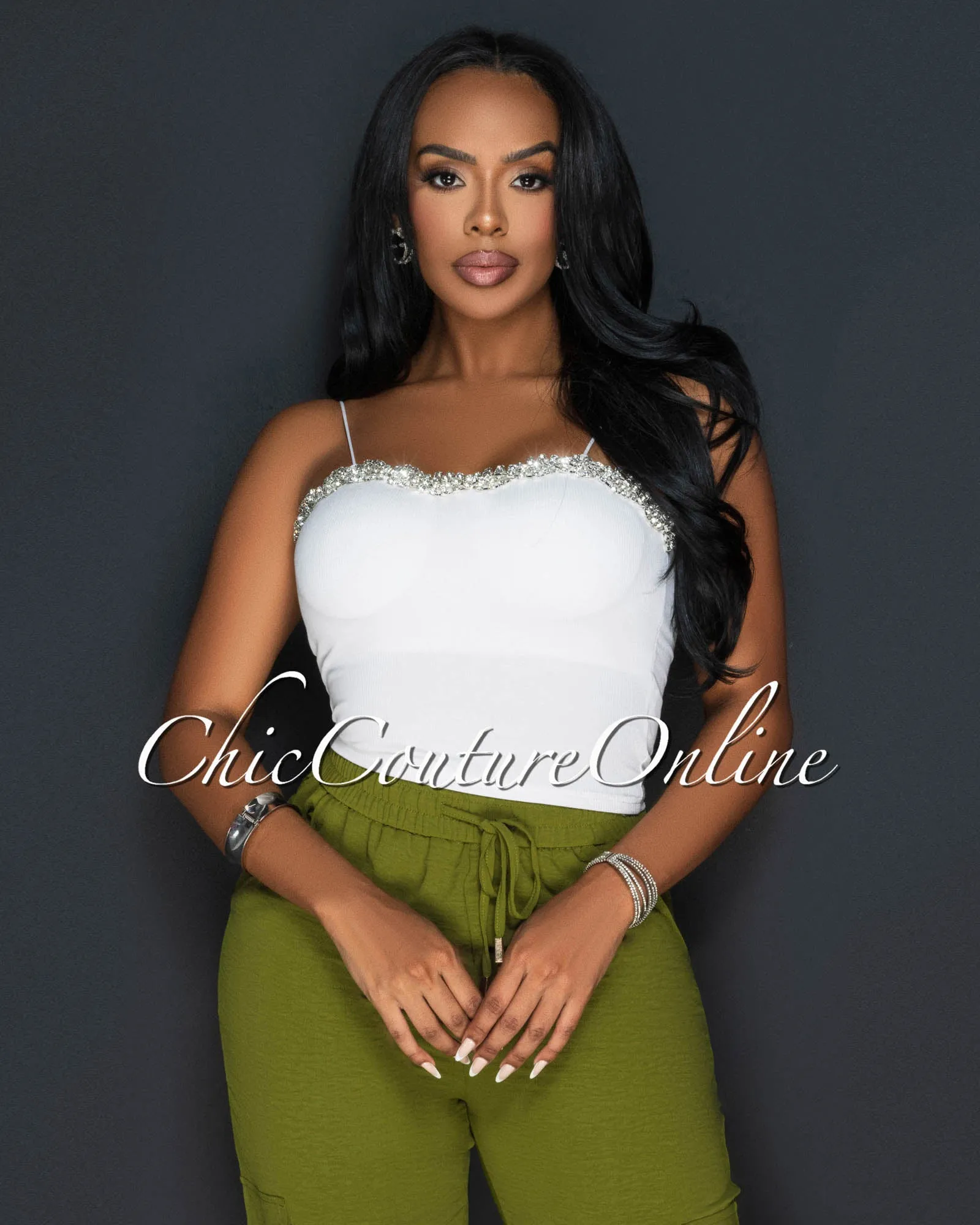 *Maloni Off-White Rhinestone Spaghetti Strap Crop Top sold by Chic Couture