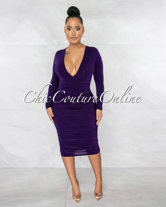Benigna Purple Deep V-Neck Ruched Midi Dress sold by chic