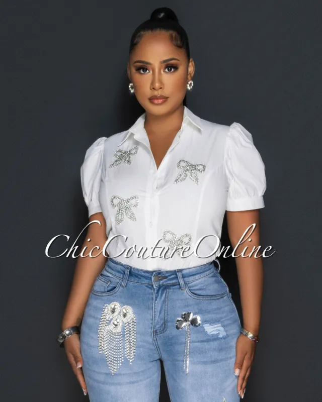 Sabalia Off-White Rhinestones Bow Accent Shirt sold by Chic Couture