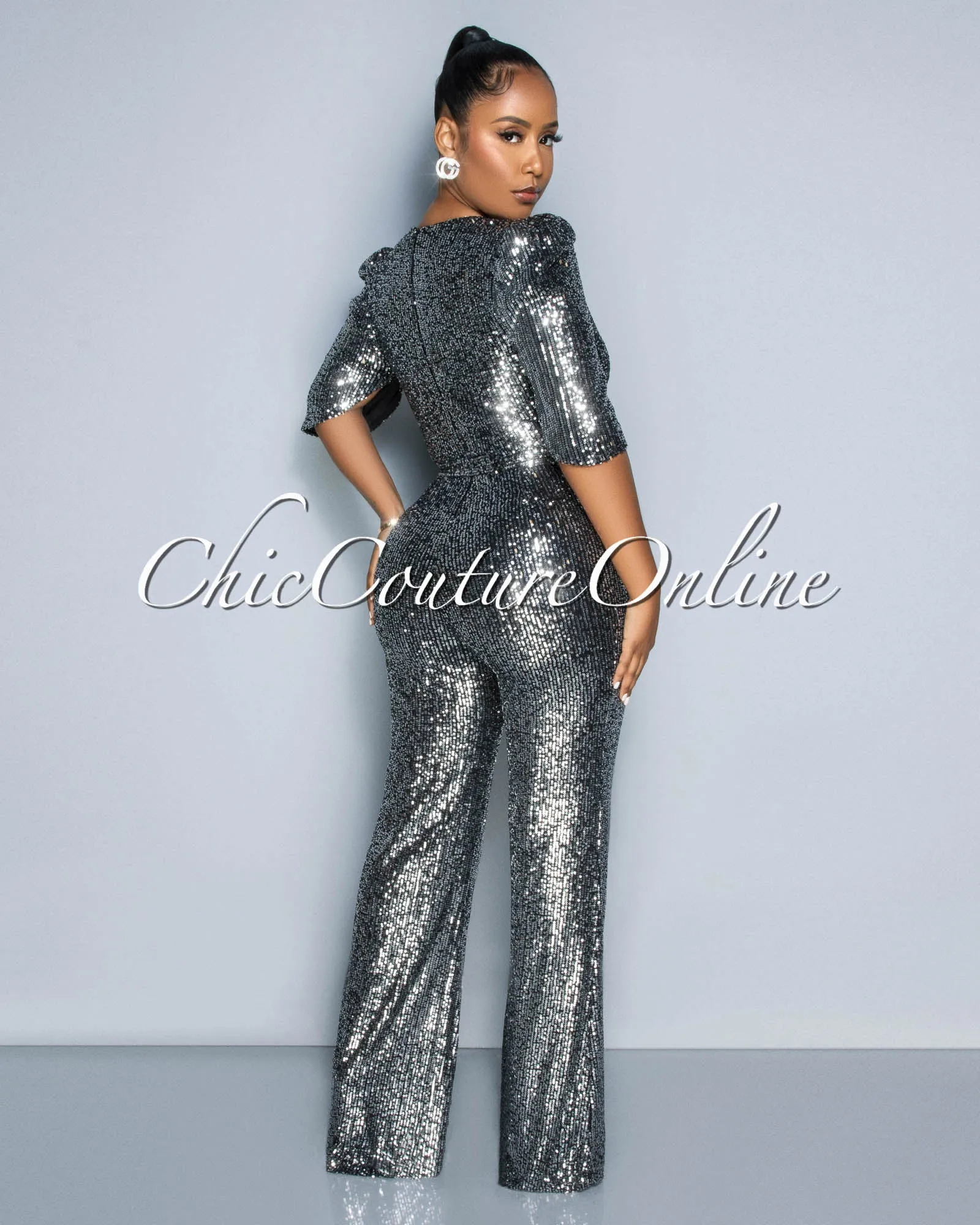 *Mellie Silver Black Sequins Bubble Sleeves Jumpsuit sold by Chic Couture product image thumbnail 3