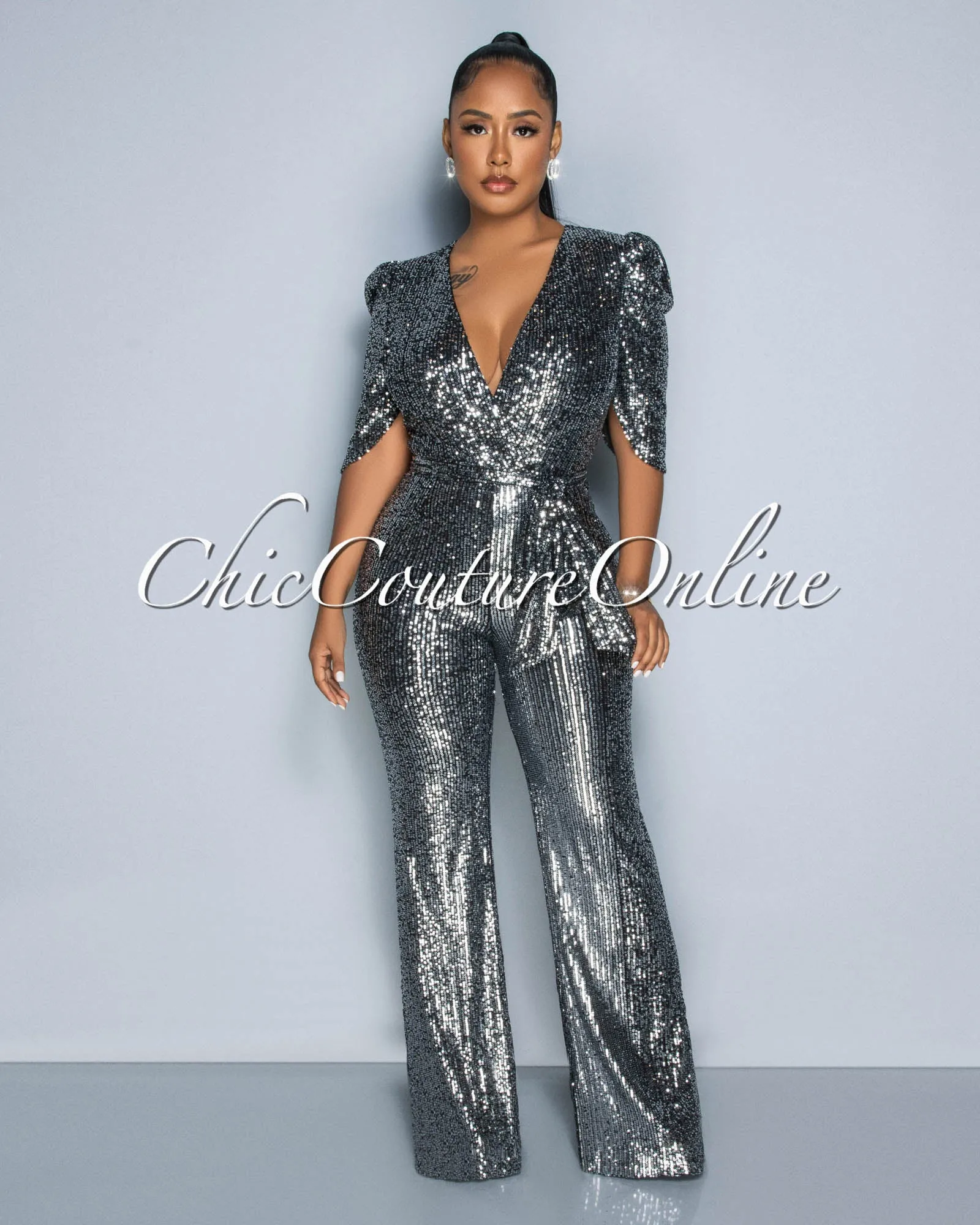 *Mellie Silver Black Sequins Bubble Sleeves Jumpsuit sold by Chic Couture