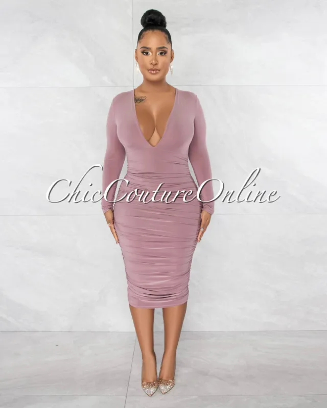 *Benigna Mauve Deep V-Neck Ruched Midi Dress sold by Chic Couture