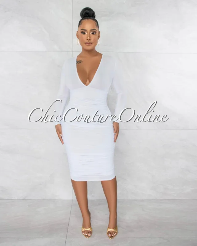 *Benigna White Deep V-Neck Ruched Midi Dress sold by Chic Couture