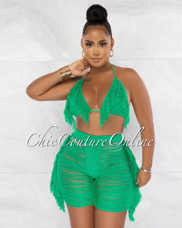 Columbia Green Crochet Fringe Cover-Up Shorts Set sold by chic