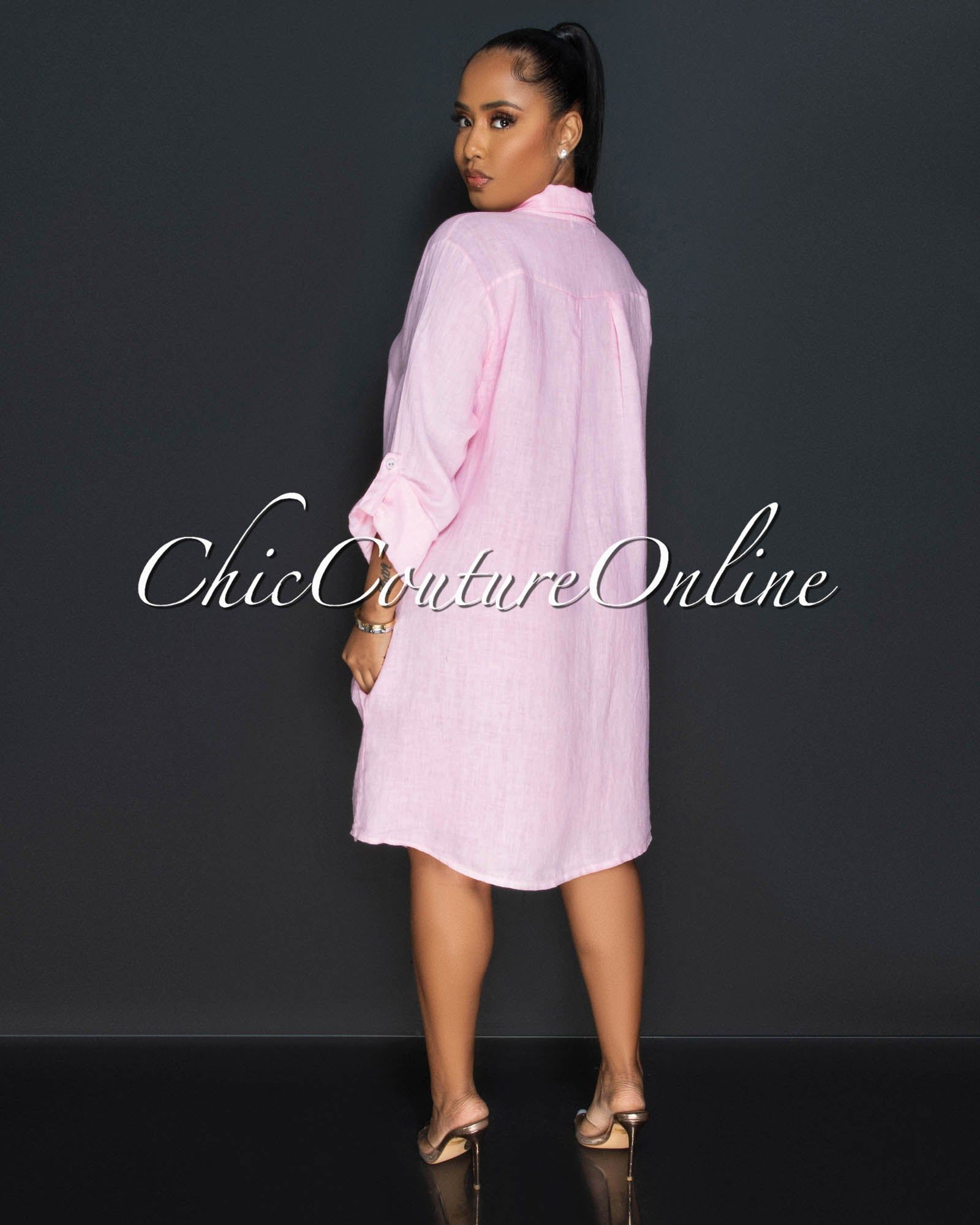 Cheyenne Baby Pink Front Buttons Shirt LINEN Midi Dress sold by Chic Couture product image thumbnail 4
