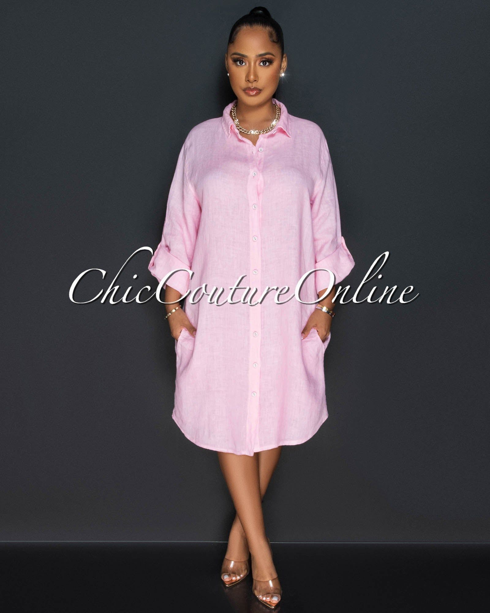 Cheyenne Baby Pink Front Buttons Shirt LINEN Midi Dress sold by Chic Couture product image thumbnail 3