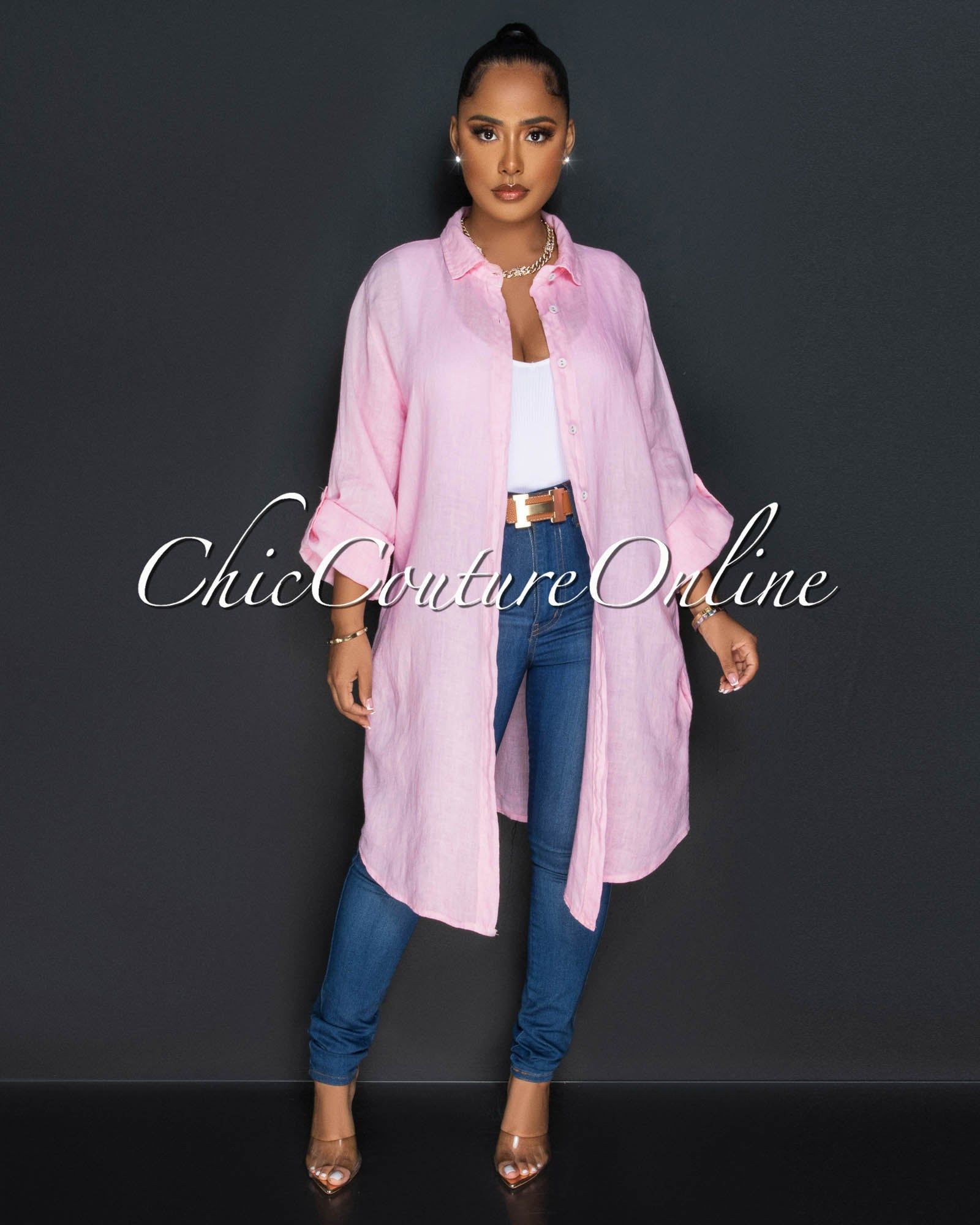 Cheyenne Baby Pink Front Buttons Shirt LINEN Midi Dress sold by Chic Couture