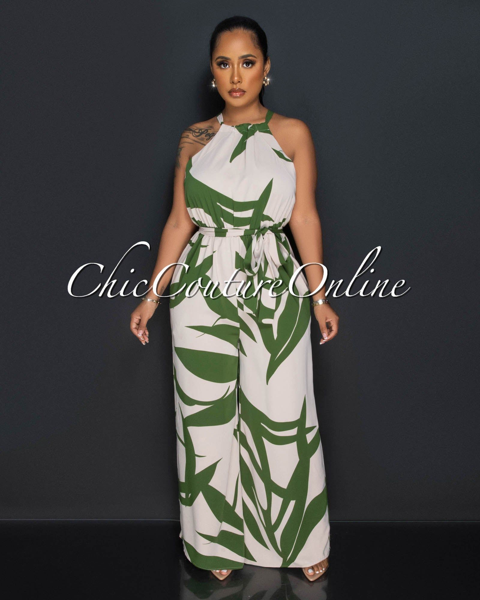 Marissa Cream Grean Print Wide Legs Halter Jumpsuit sold by Chic Couture