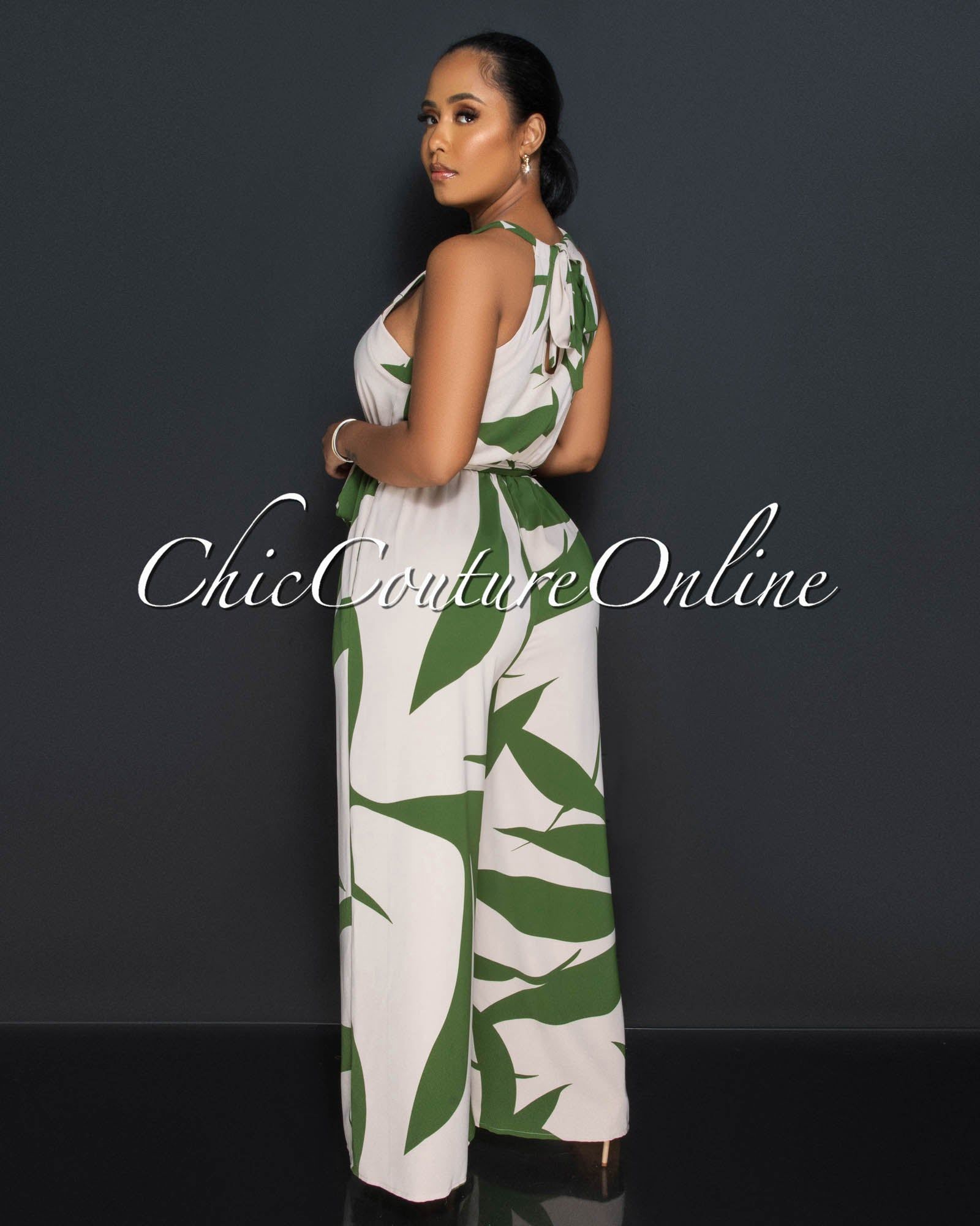 Marissa Cream Grean Print Wide Legs Halter Jumpsuit sold by Chic Couture product image thumbnail 3