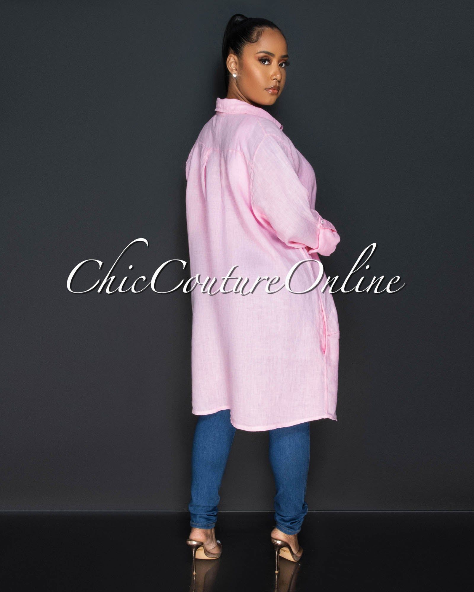 Cheyenne Baby Pink Front Buttons Shirt LINEN Midi Dress sold by Chic Couture product image thumbnail 2