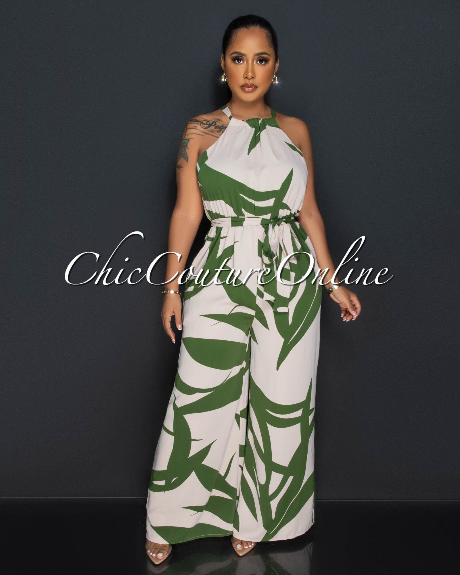 Marissa Cream Grean Print Wide Legs Halter Jumpsuit sold by Chic Couture product image thumbnail 2