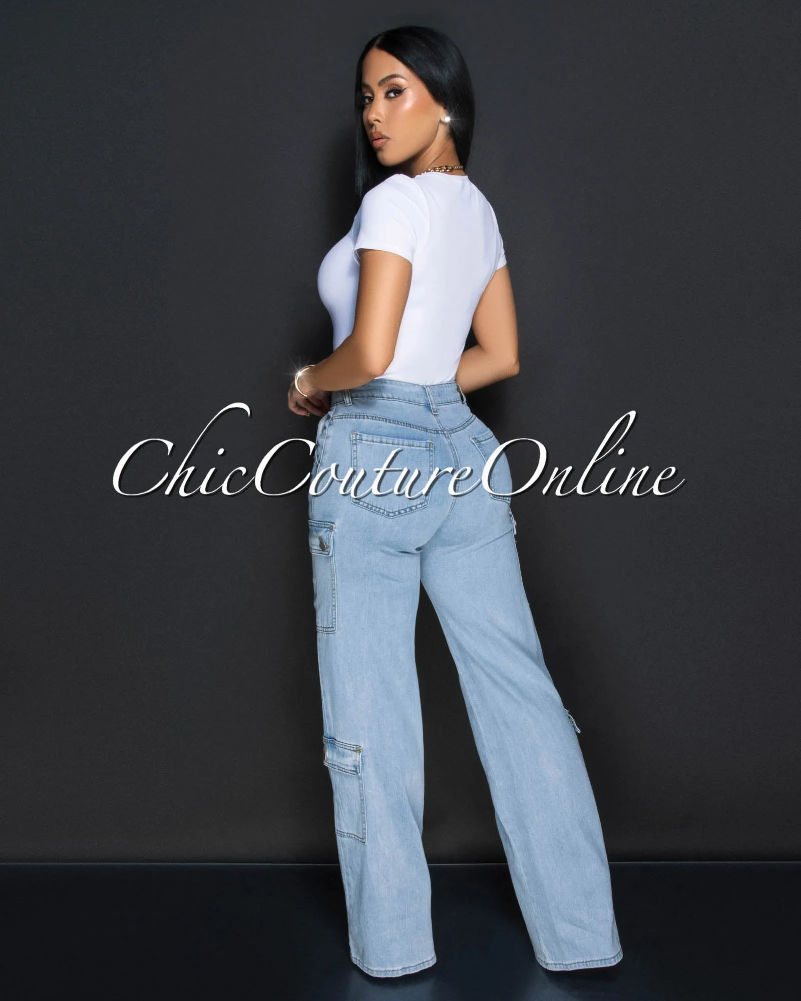 Yanira Light Blue Denim Cargo Wide Legs Jeans sold by Chic Couture product image thumbnail 3